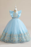 Blue A Line Tulle Girl Dress con bordado
