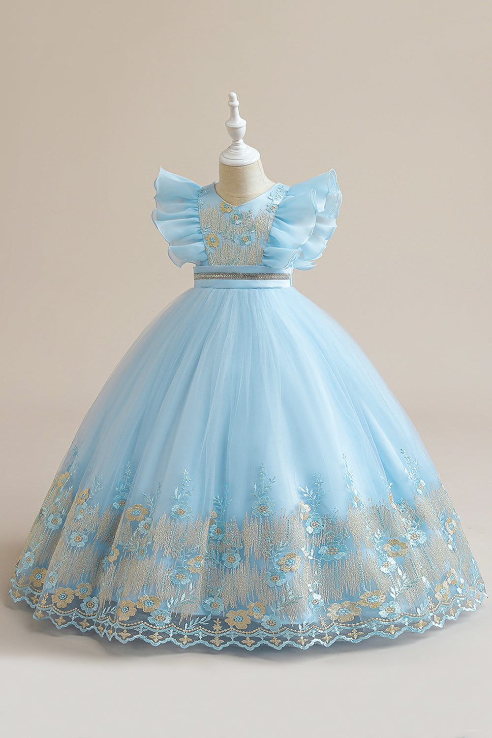 Blue A Line Tulle Girl Dress con bordado