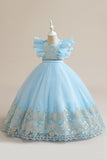 Blue A Line Tulle Girl Dress con bordado