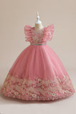 Blue A Line Tulle Girl Dress con bordado