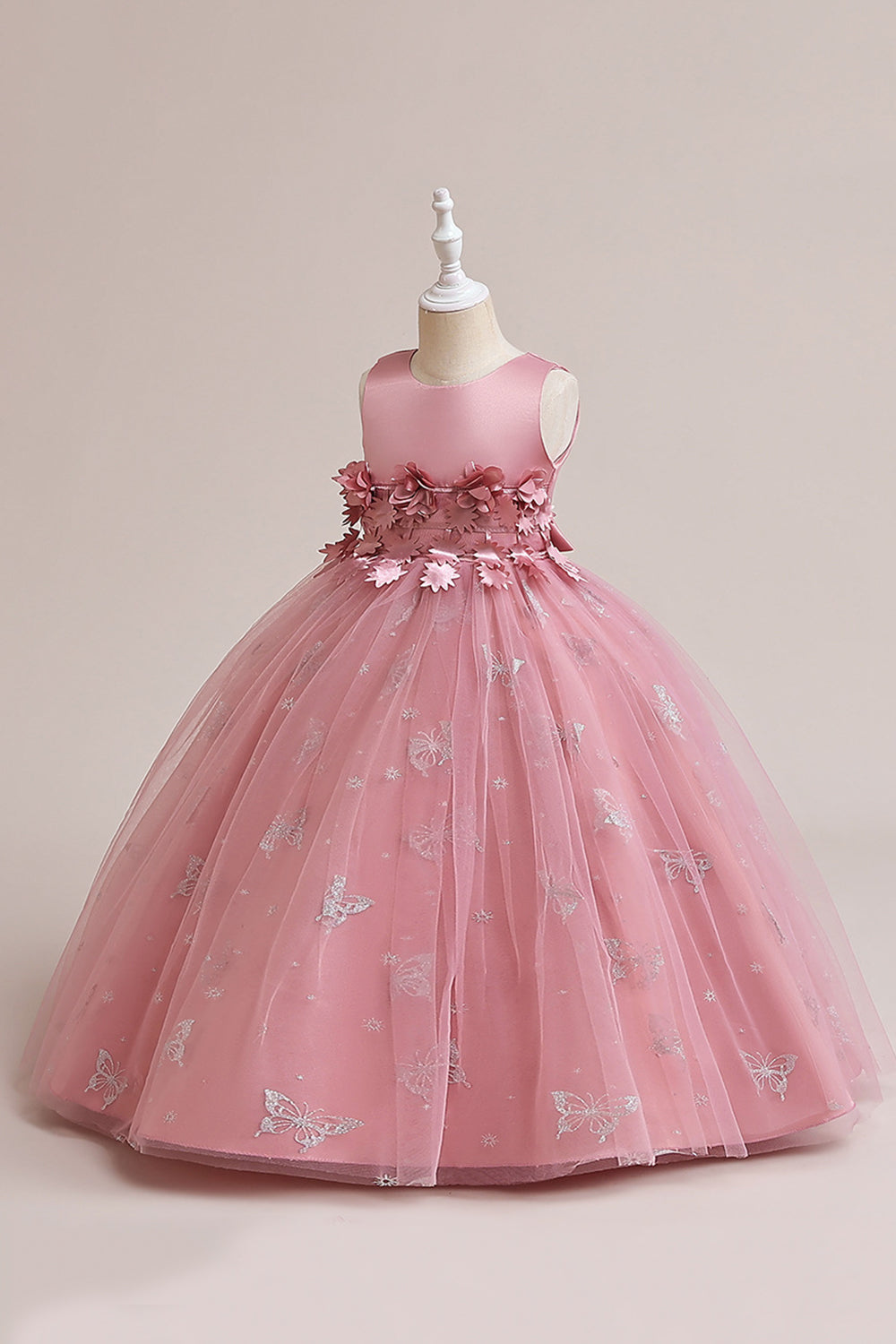 Vestido de niña sin mangas de tul rosa con apliques