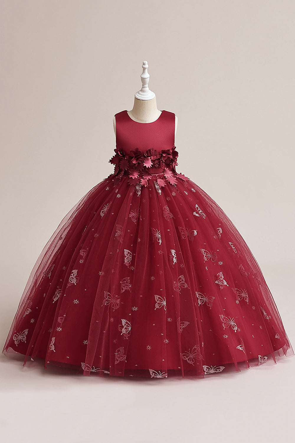 Vestido de niña sin mangas de tul rosa con apliques