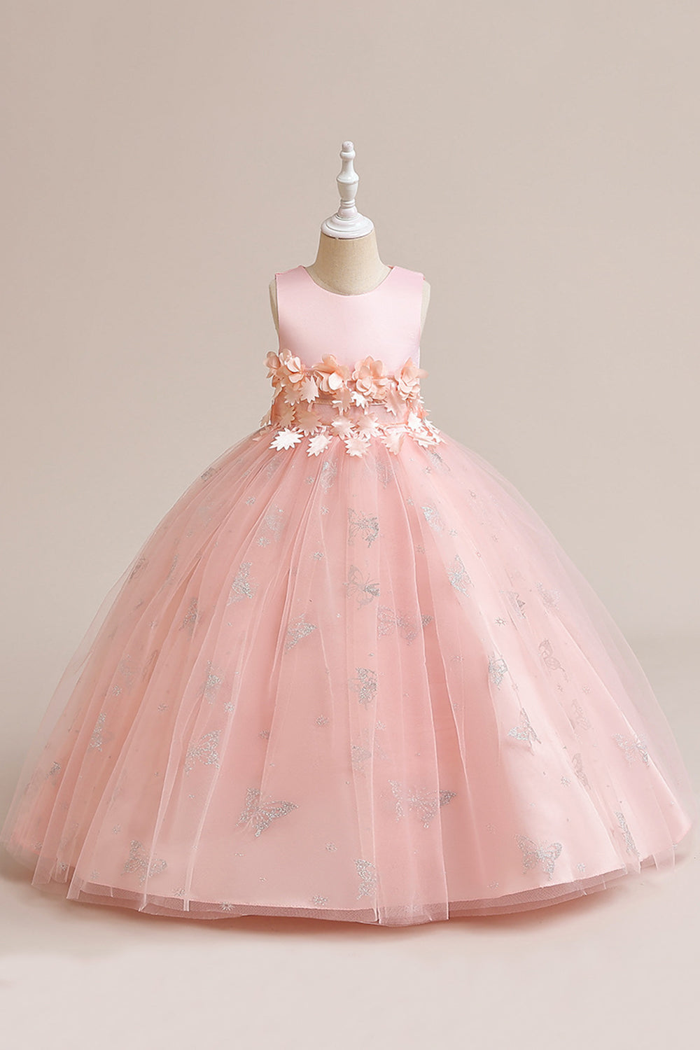Vestido de niña sin mangas de tul rosa con apliques
