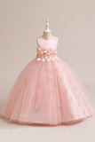 Vestido de niña sin mangas de tul rosa con apliques