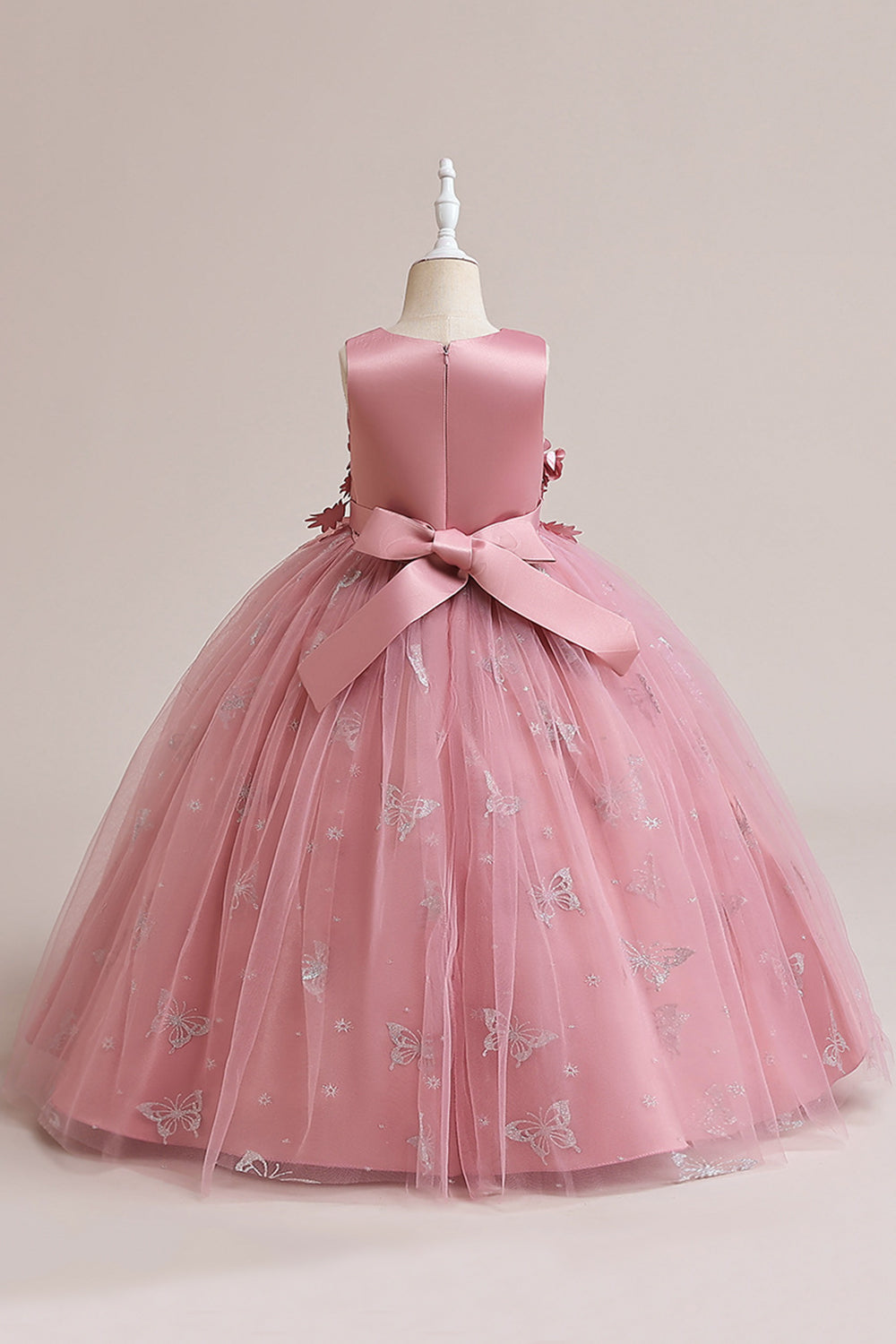 Vestido de niña sin mangas de tul rosa con apliques