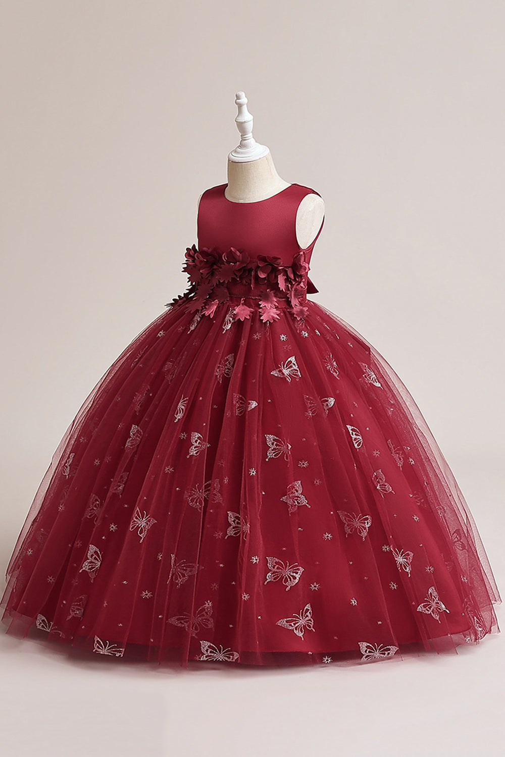 Vestido de niña sin mangas de tul rosa con apliques