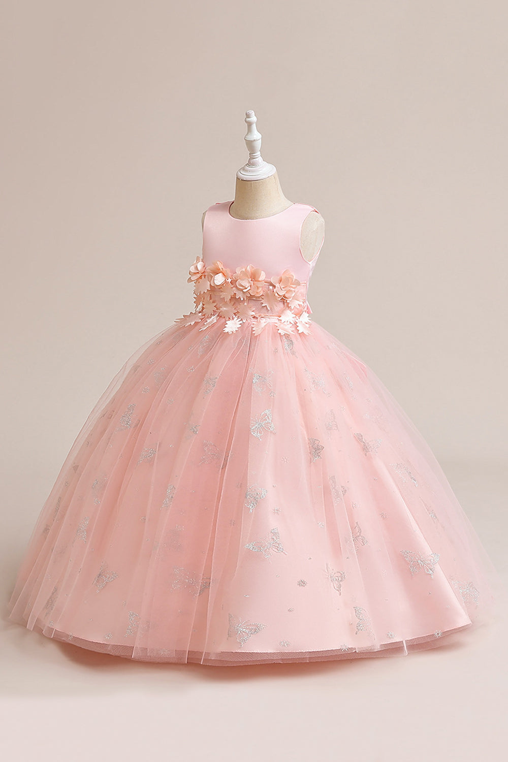 Vestido de niña sin mangas de tul rosa con apliques
