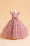 Tul A Line Champagne Girl Dress con lazo