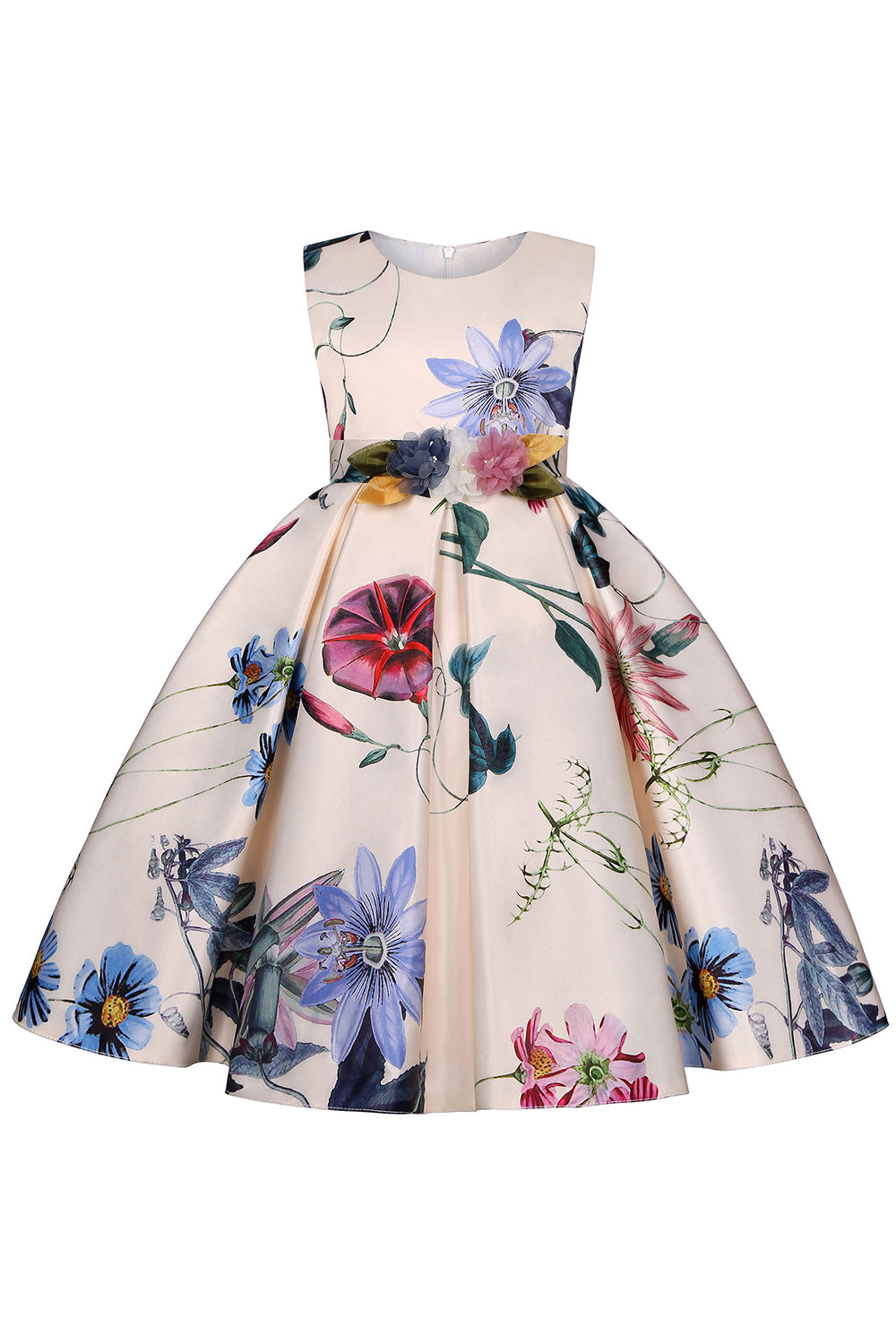 Una línea joya cuello azul claro vestido de niña estampado