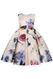 Una línea joya cuello azul claro vestido de niña estampado