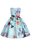 Una línea joya cuello azul claro vestido de niña estampado
