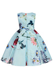 Una línea joya cuello azul claro vestido de niña estampado