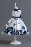 Una línea de cuello joya azul estampado vestido de niña