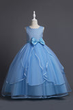 Vestido Para Niña Azul Tul Cuello Redondo