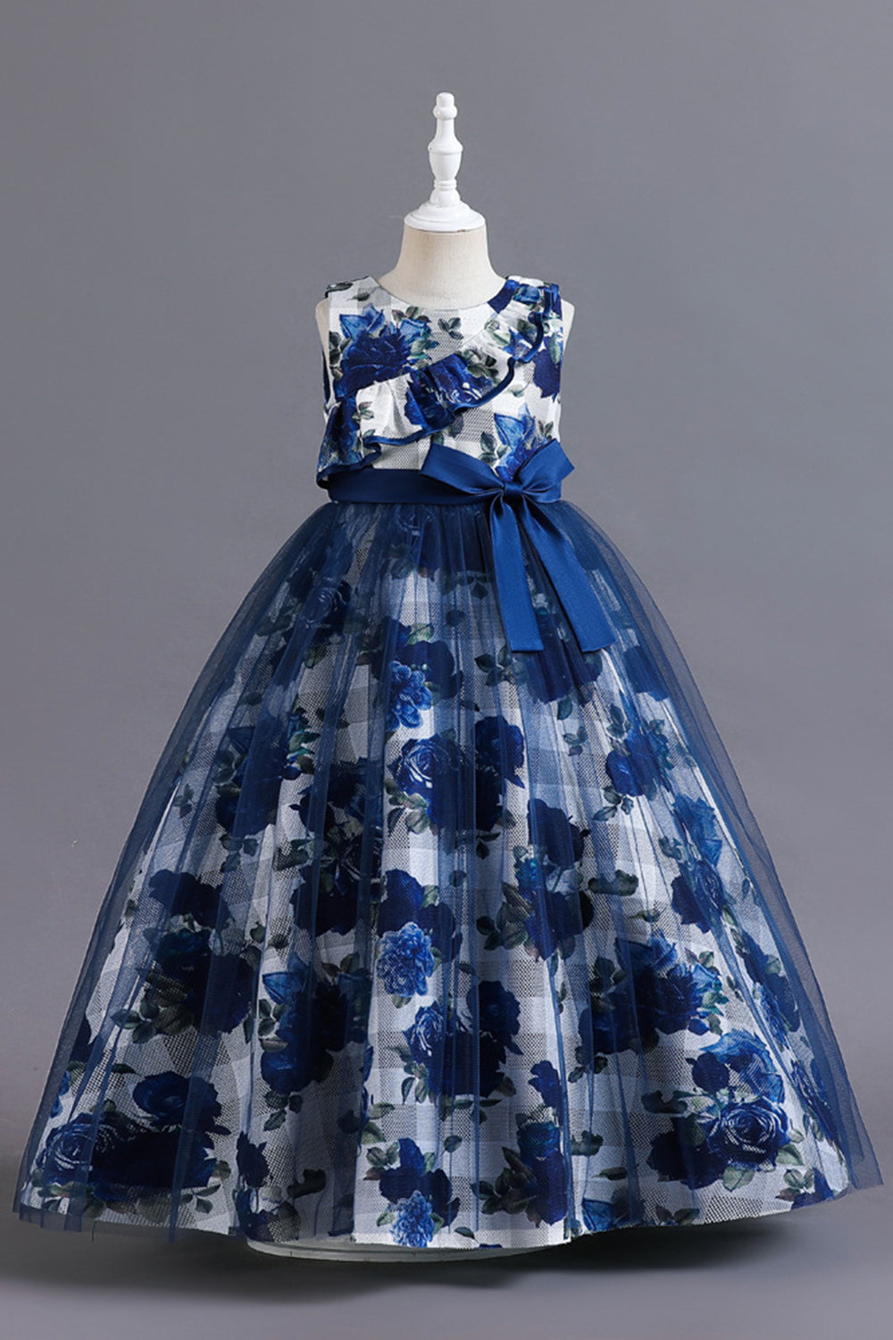 Vestido de Niña Tul Flor Azul Volantes