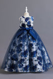 Vestido de Niña Tul Flor Azul Volantes