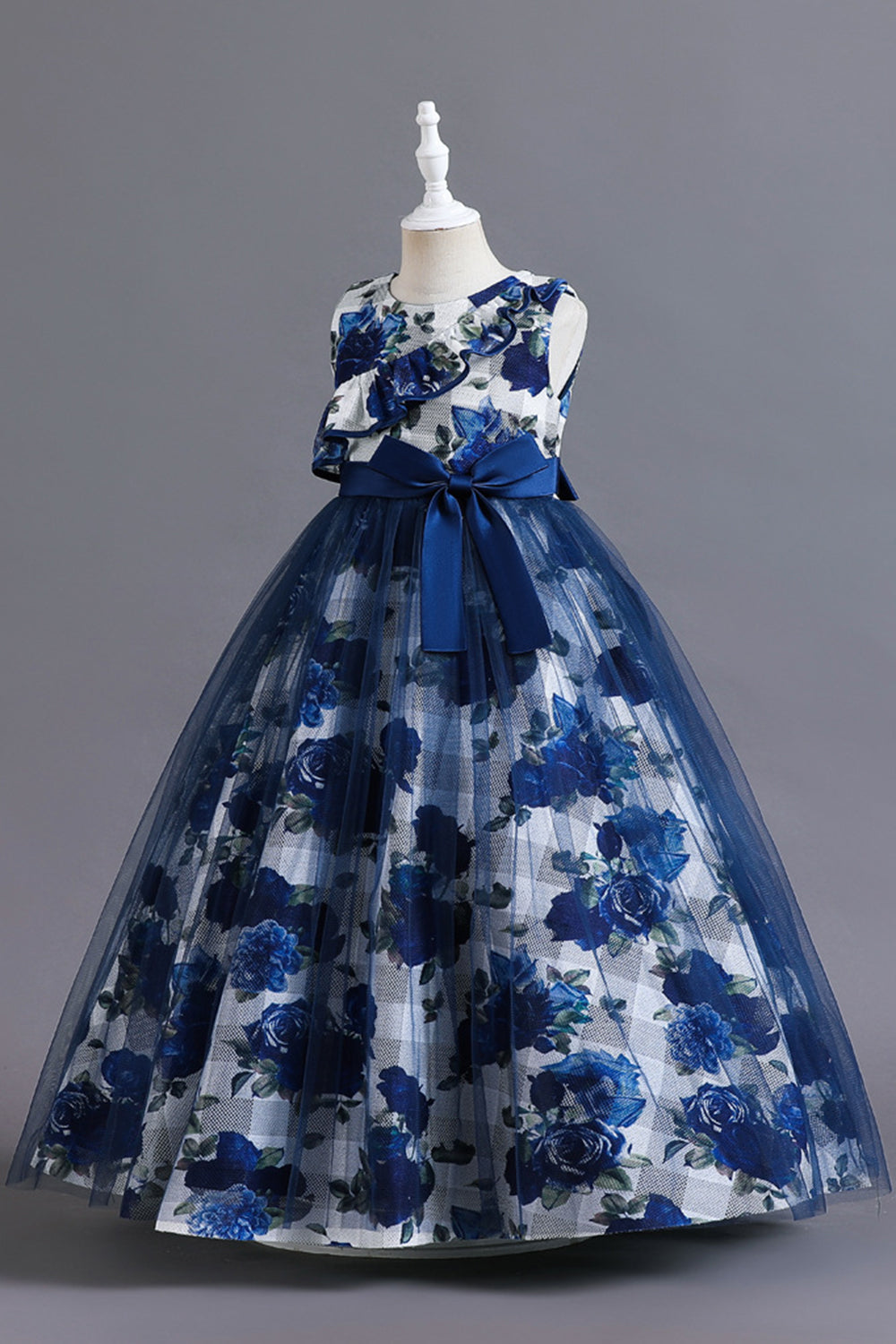 Vestido de Niña Tul Flor Azul Volantes