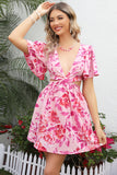 Fucsia Floral Cut Out Mini Vestido Boho