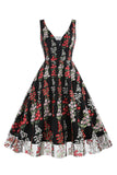 1950s Vestido Negro con Bordado