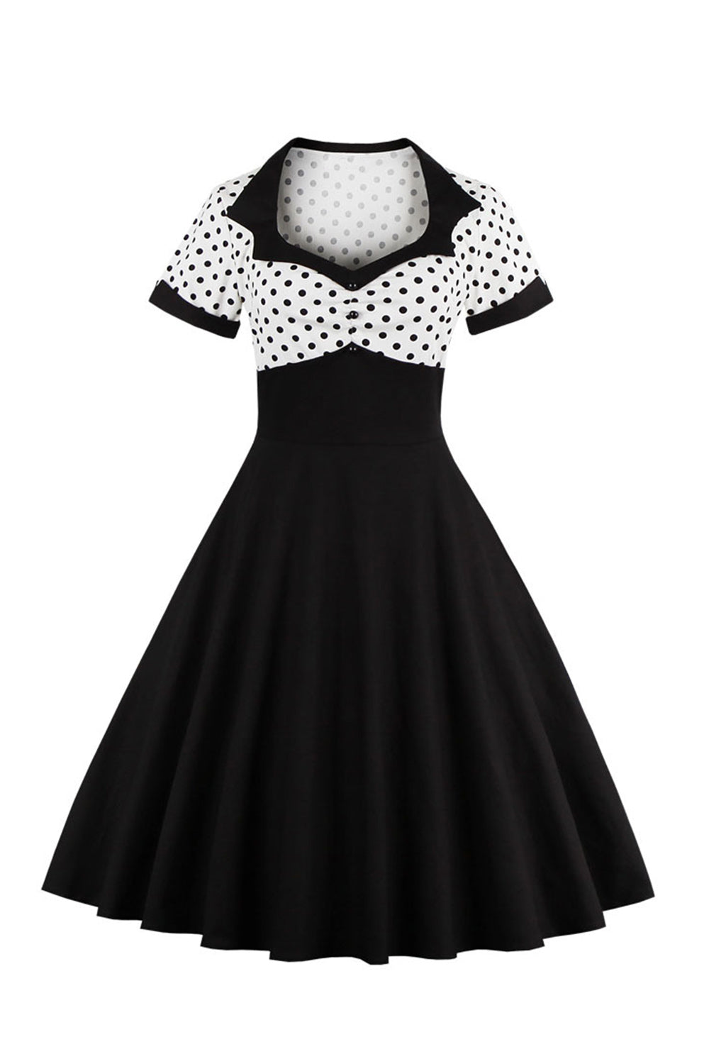 Negro Lunares A Línea 1950s Vestido Con Mangas Cortas