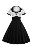 Negro Lunares A Línea 1950s Vestido Con Mangas Cortas