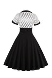Negro Lunares A Línea 1950s Vestido Con Mangas Cortas