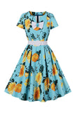 Azul Flor Estampado Mangas Cortas Vestido Vintage