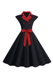 1950s Vestido Negro Lunares Mangas Cortas