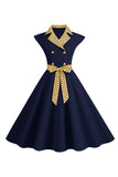 1950s Vestido Negro Lunares Mangas Cortas