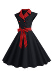 1950s Vestido Negro Lunares Mangas Cortas