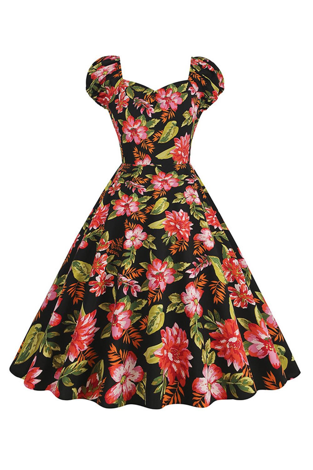 Vestido Vintage Estampado Negro Mangas Cortas
