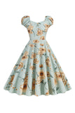 Vestido Vintage Estampado Negro Mangas Cortas