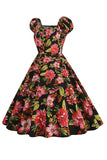 Vestido Vintage Estampado Negro Mangas Cortas