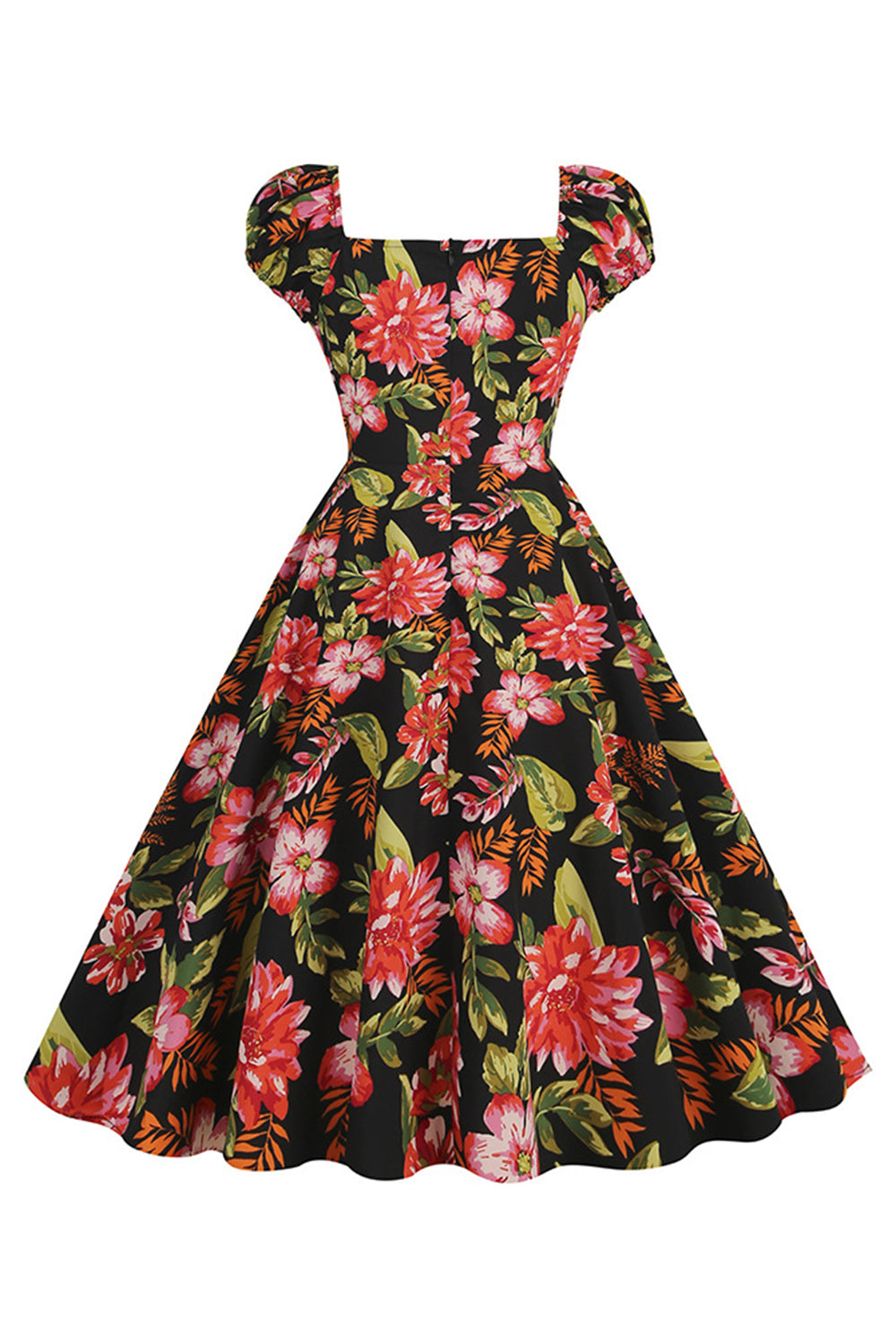 Vestido Vintage Estampado Negro Mangas Cortas
