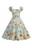 Vestido Vintage Estampado Negro Mangas Cortas