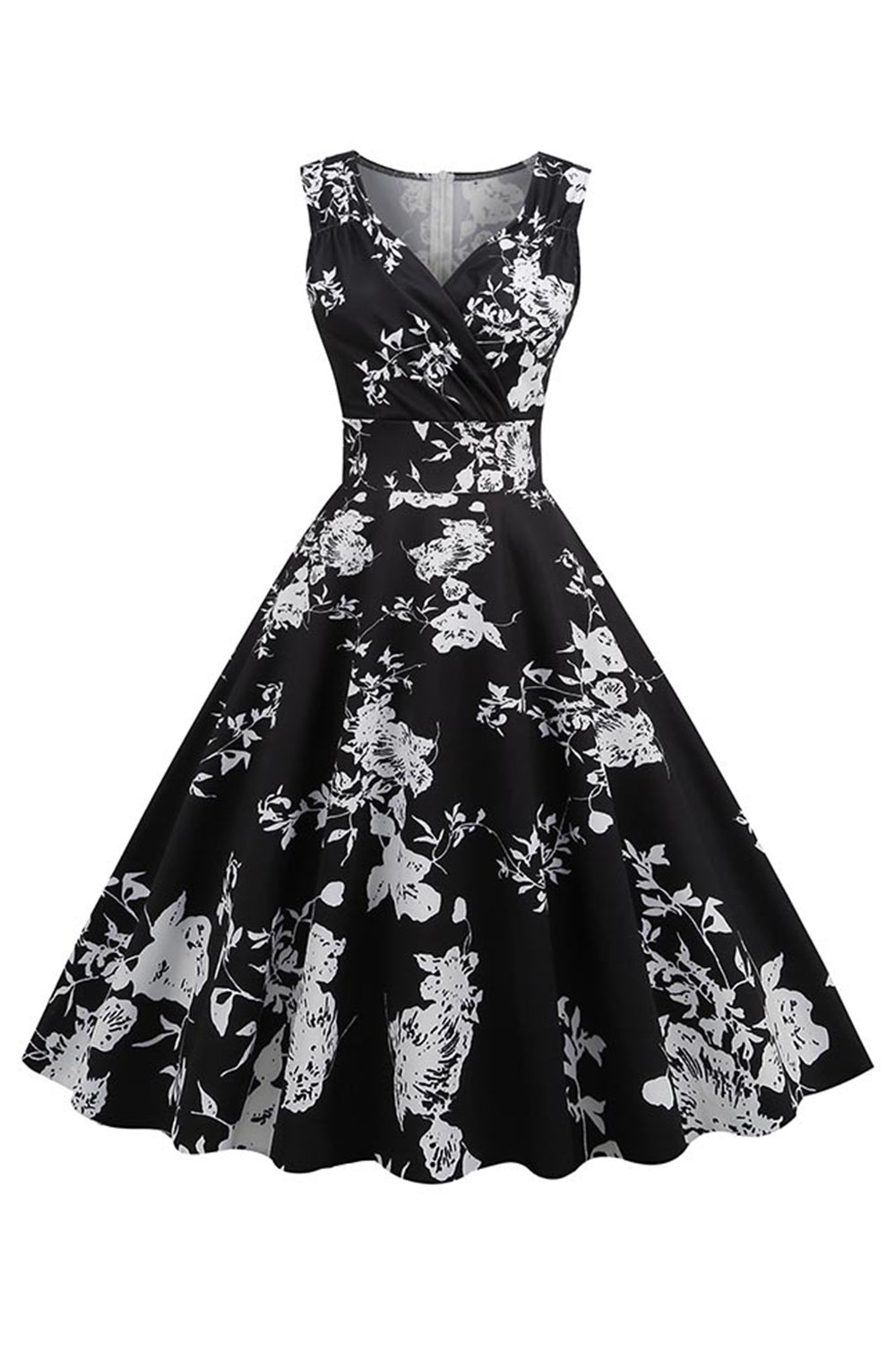 Negro V Cuello Estampado Sin Mangas 1950s Vestido