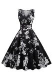 Negro V Cuello Estampado Sin Mangas 1950s Vestido