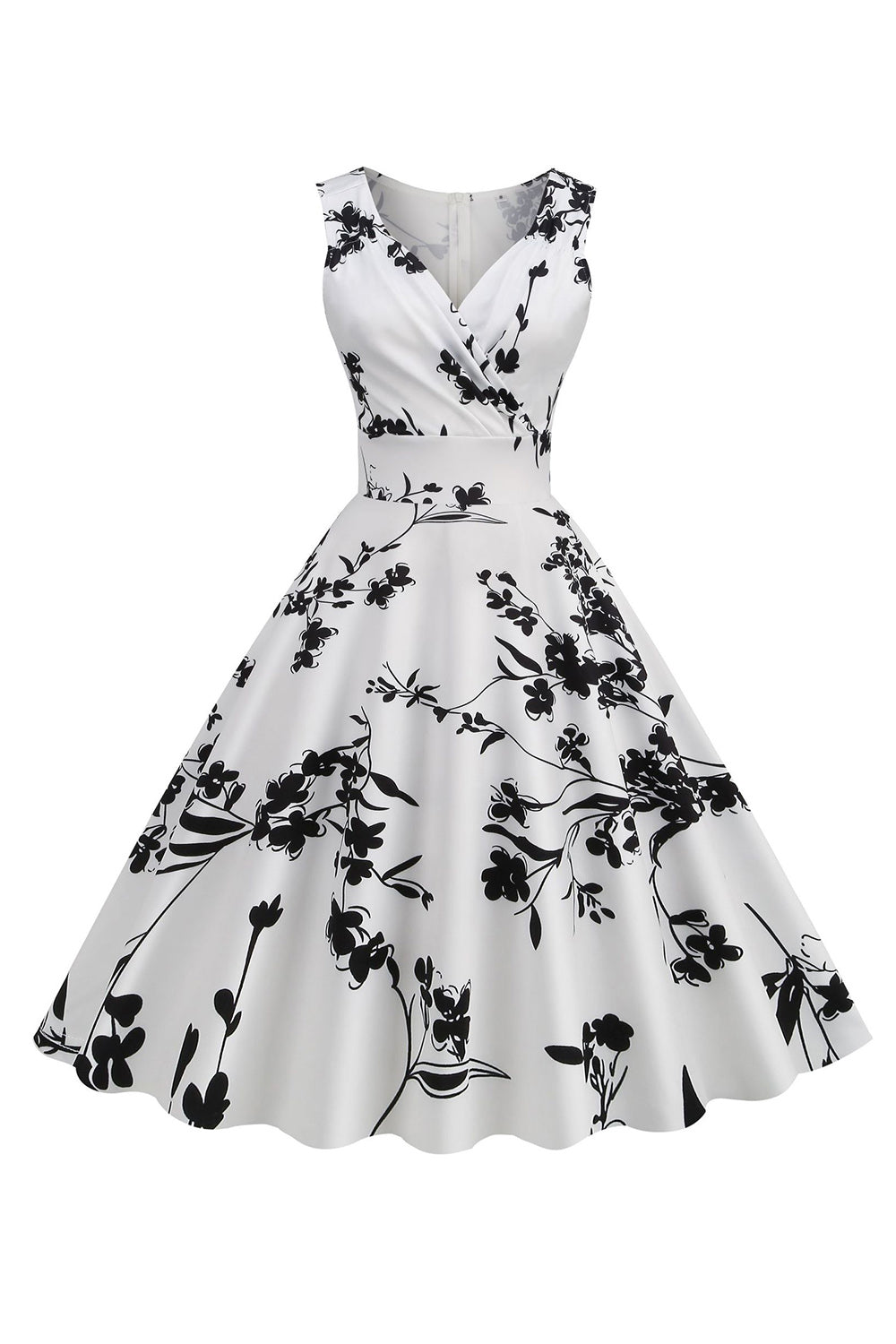 Negro V Cuello Estampado Sin Mangas 1950s Vestido
