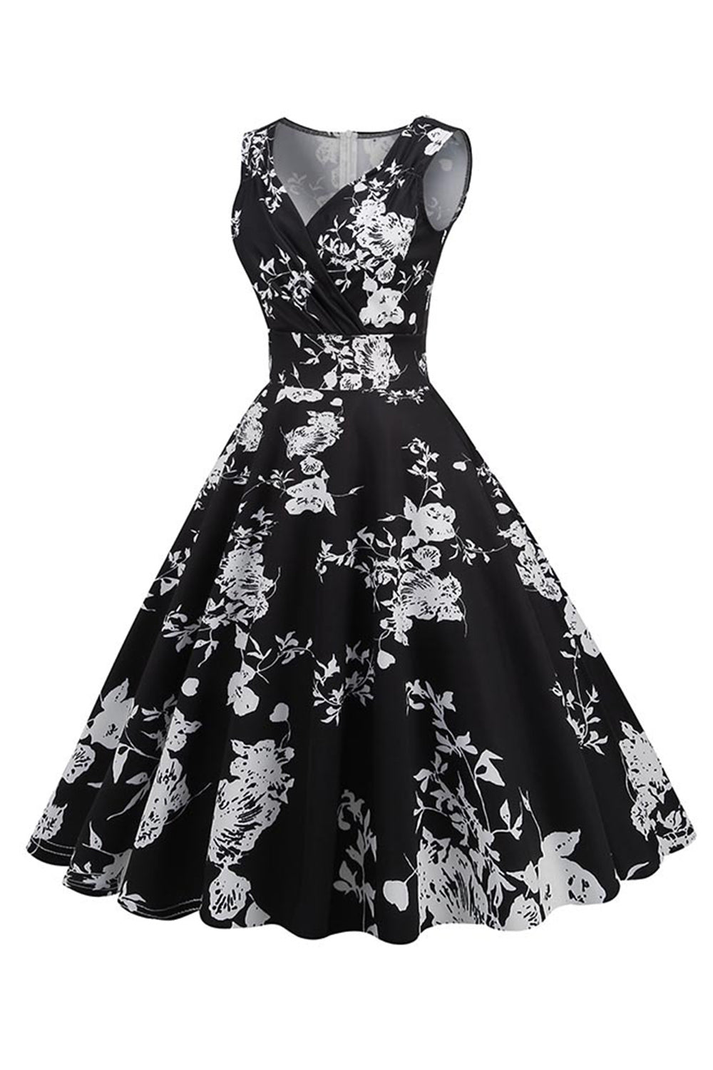Negro V Cuello Estampado Sin Mangas 1950s Vestido
