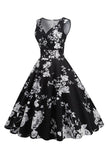 Negro V Cuello Estampado Sin Mangas 1950s Vestido