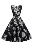 Negro V Cuello Estampado Sin Mangas 1950s Vestido