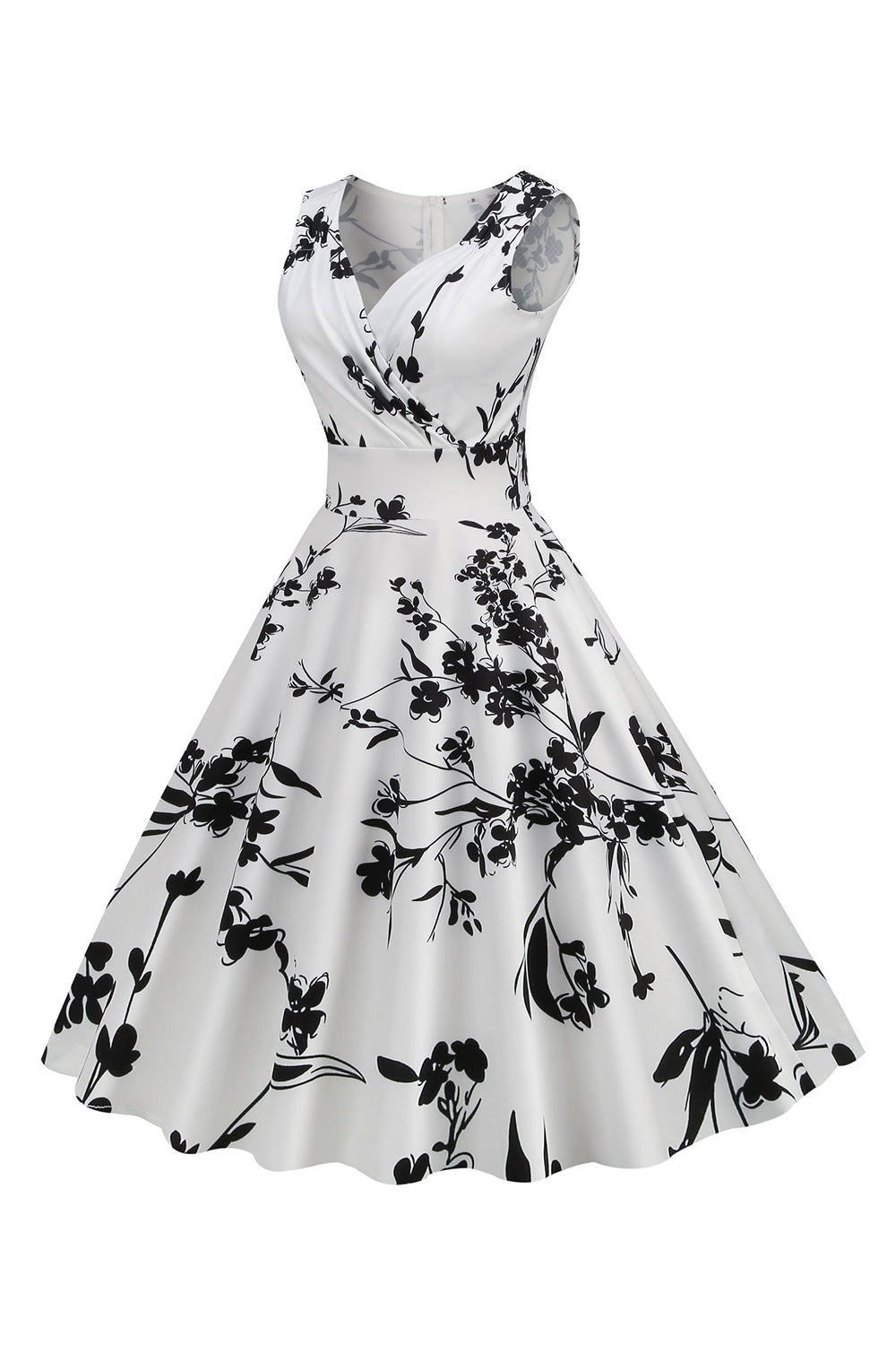 Negro V Cuello Estampado Sin Mangas 1950s Vestido