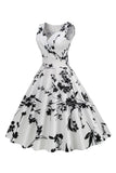 Negro V Cuello Estampado Sin Mangas 1950s Vestido