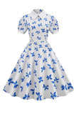 Vestido Vintage Mangas Cortas Estampado Blanco