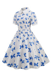 Vestido Vintage Mangas Cortas Estampado Blanco