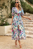 Vestido de Verano Media Manga Estampado Cuello en V Negro