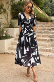 Vestido de Verano Media Manga Estampado Cuello en V Negro