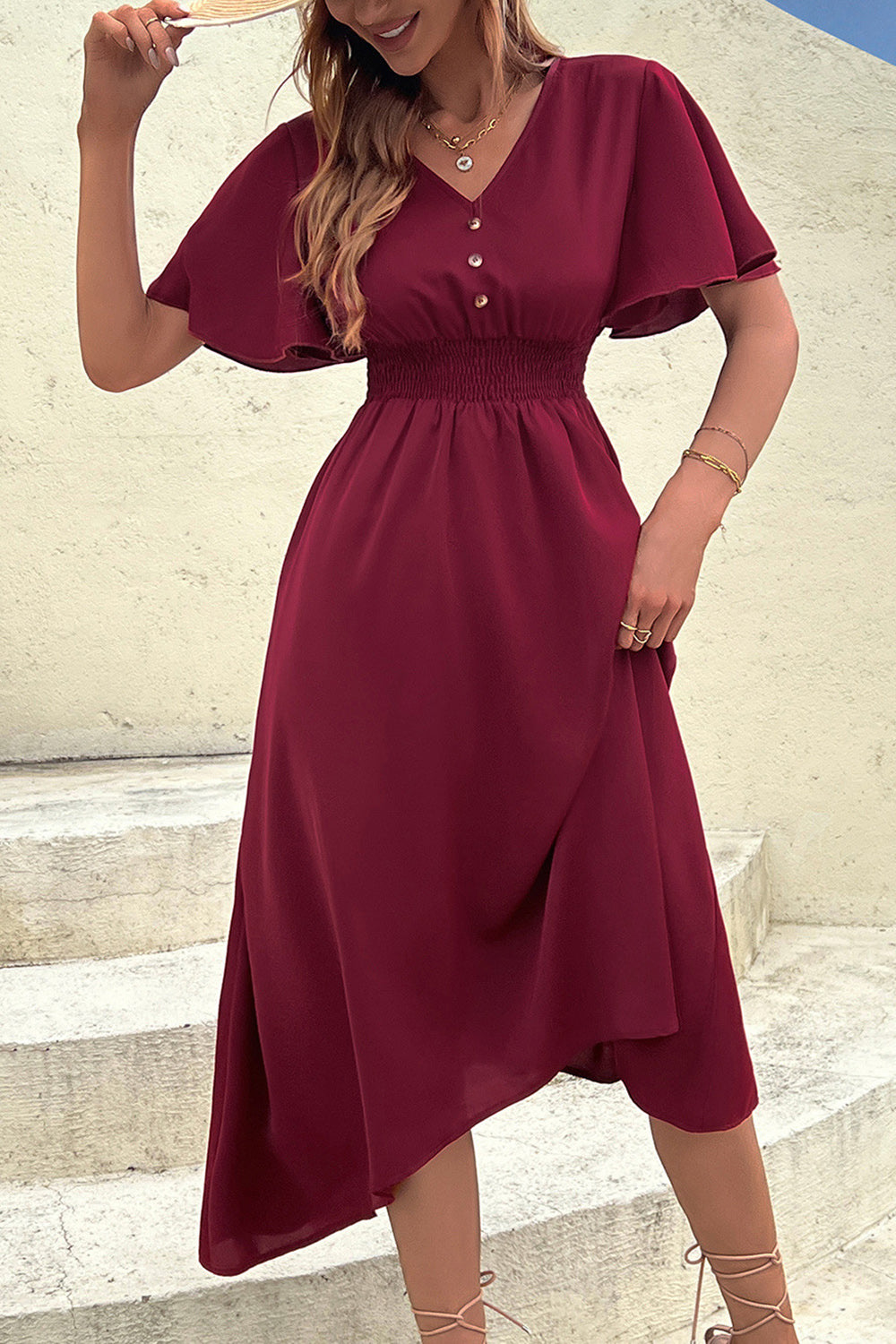 Borgoña Mangas  Cortas Cuello en V Vestido de Verano