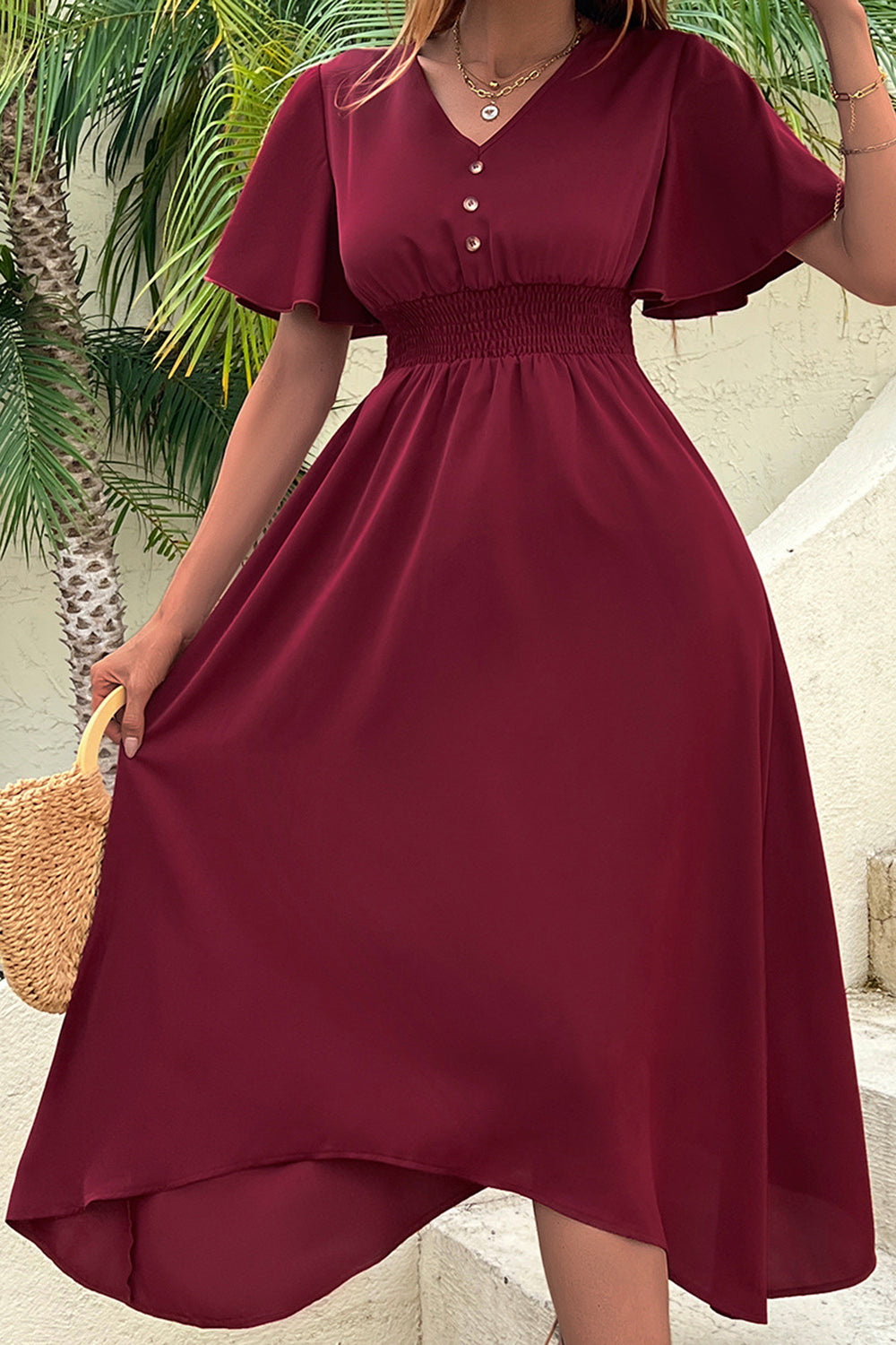 Borgoña Mangas  Cortas Cuello en V Vestido de Verano