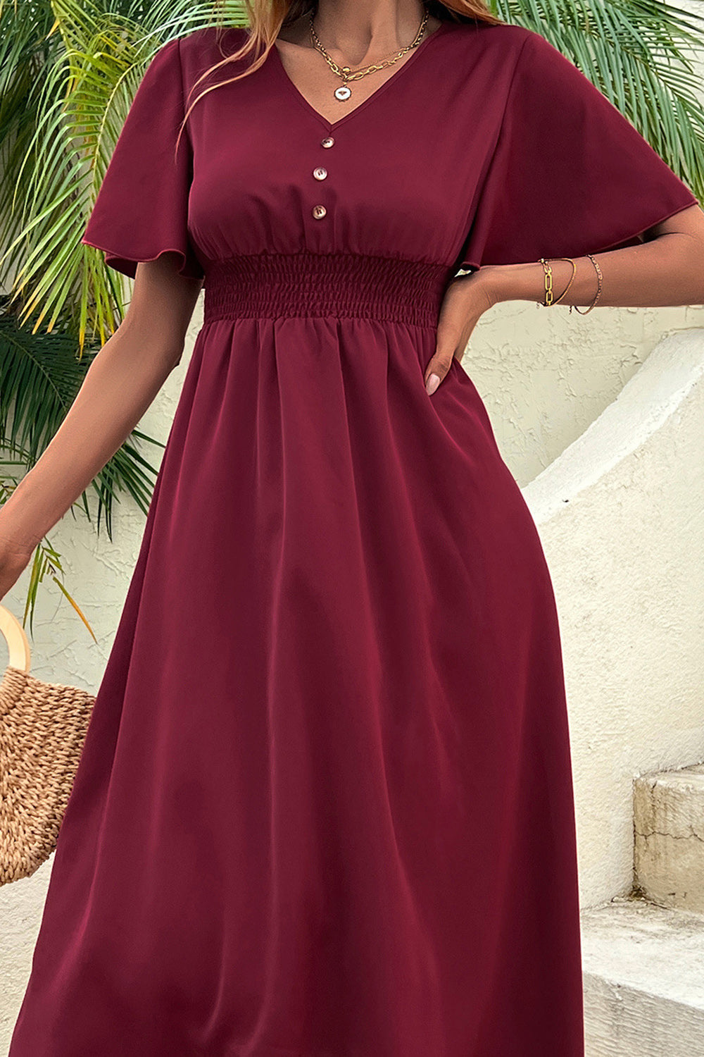 Borgoña Mangas  Cortas Cuello en V Vestido de Verano